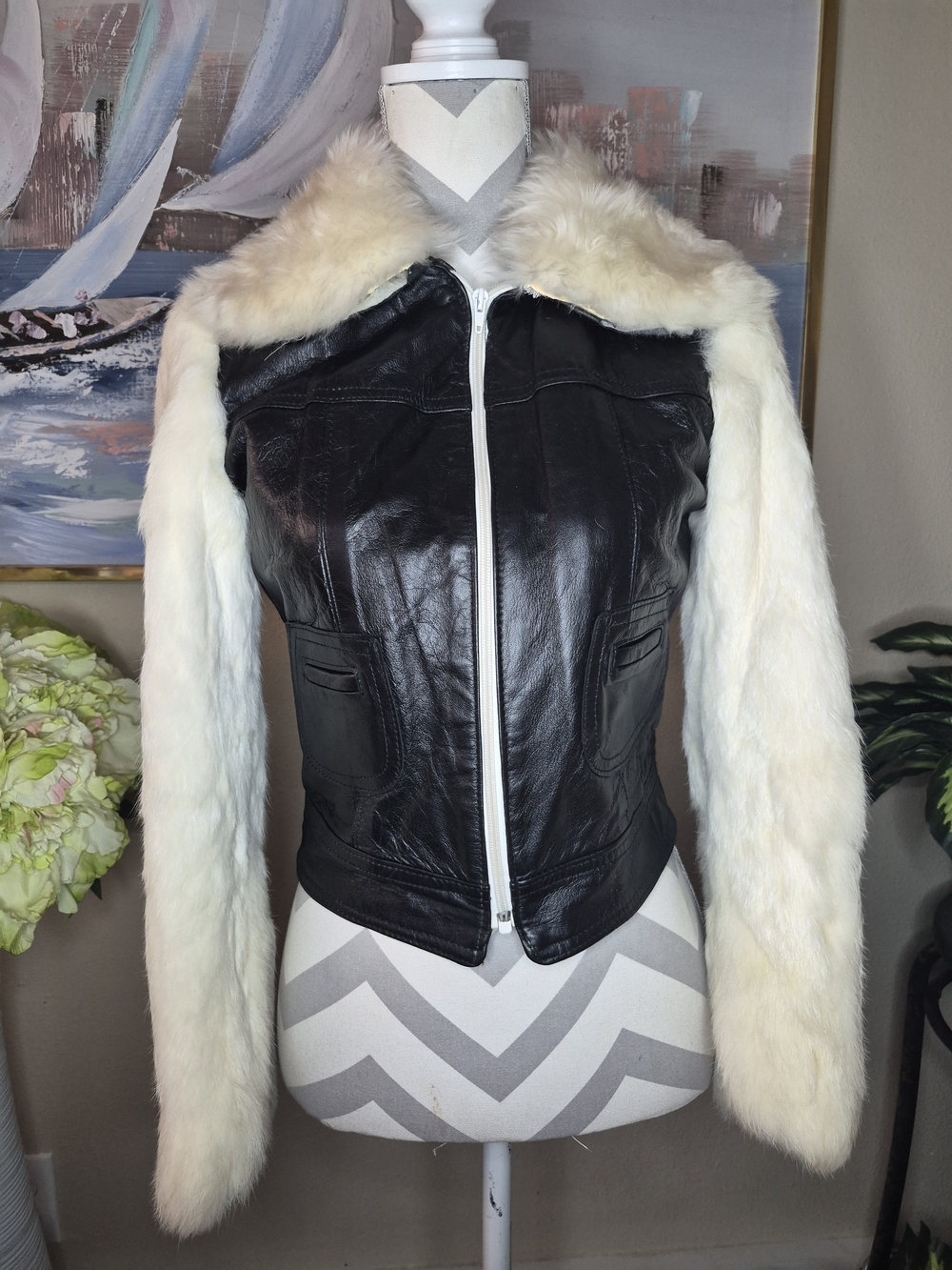 Vintage Women’s Black Leather Jacket Cream Sheep Fur Collar & Rabbit Fur Sleeves